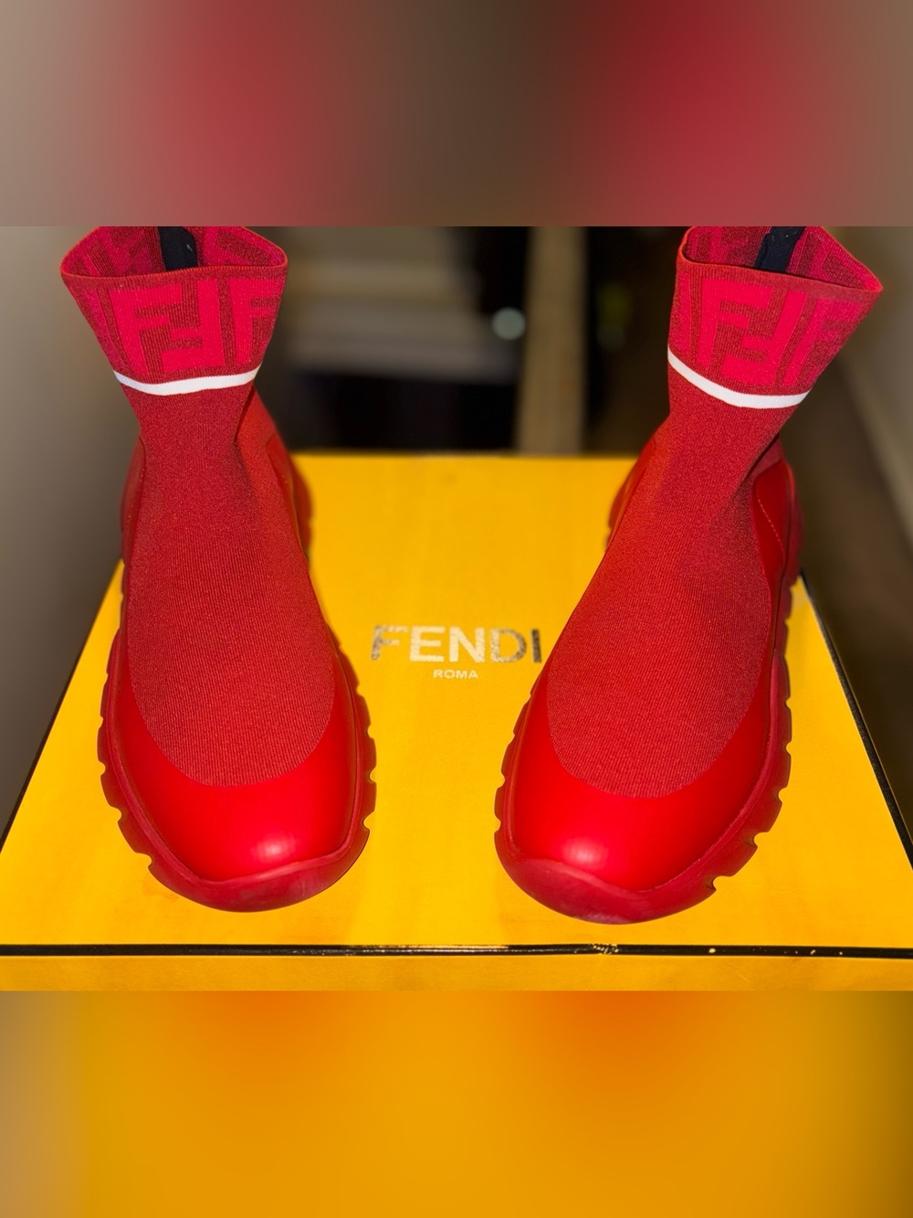 Fendi Red Sock-Style Men  Sneakers with FF Ankle Detail